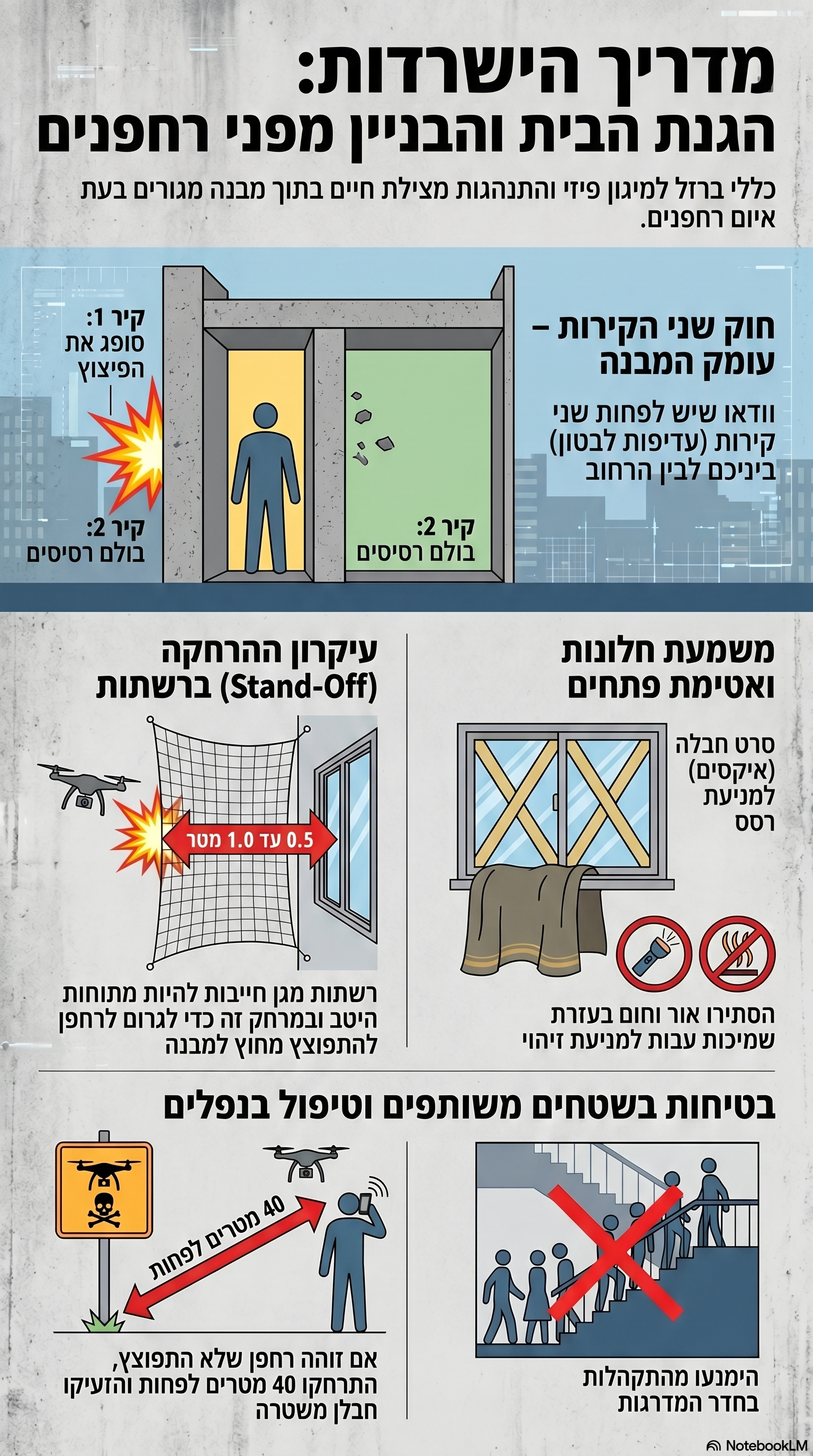 מדריך חזותי בעברית: הגנת הבית והבניין מפני רחפנים, כולל כלל שני הקירות, מיגון חלונות, רשתות מגן, פיזור התקהלות וטיפול בנפלים