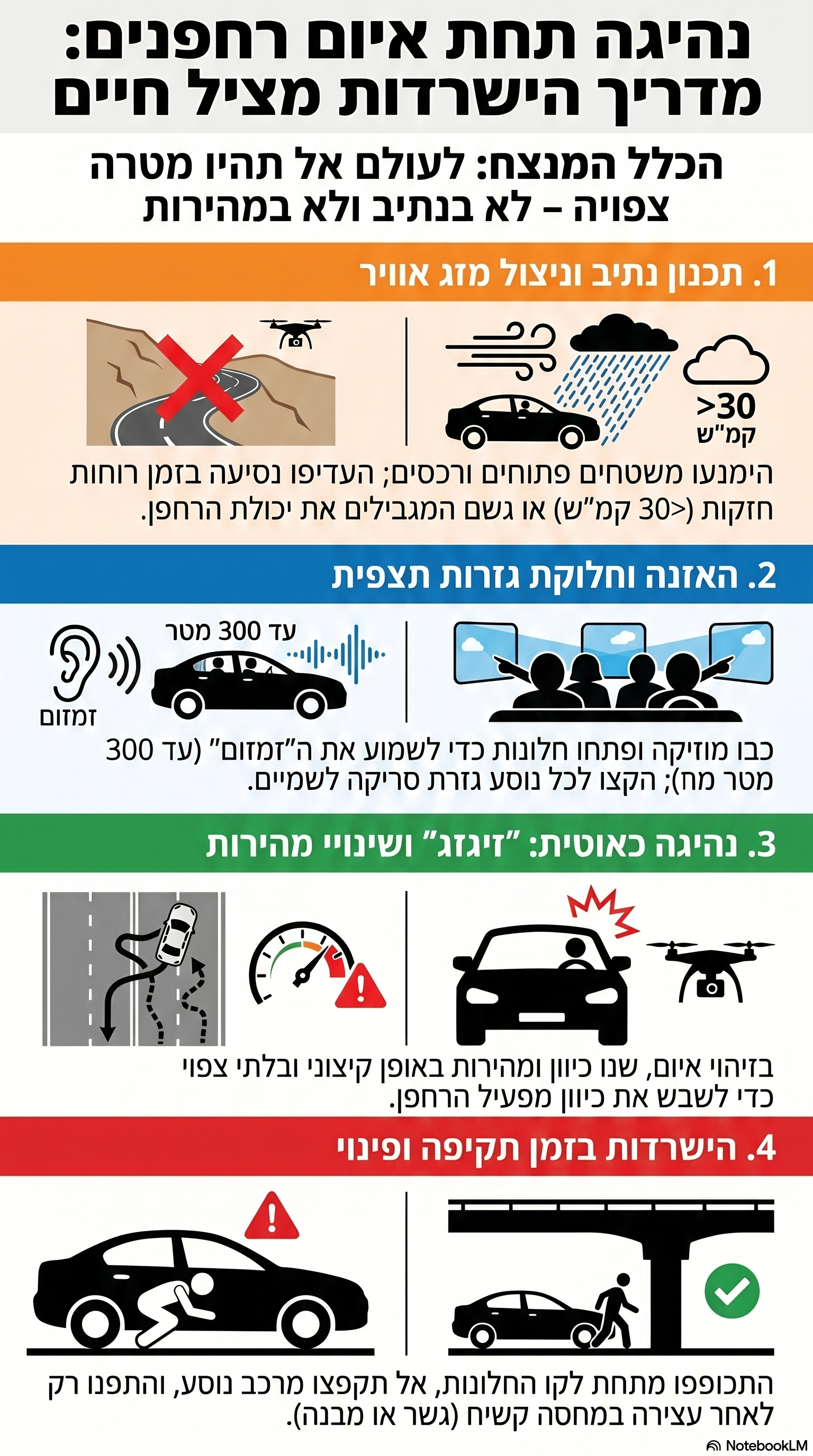 מדריך חזותי בעברית: נהיגה תחת איום רחפנים, כולל תכנון נתיב, האזנה ותצפית, שינויי מהירות ופינוי תחת מחסה