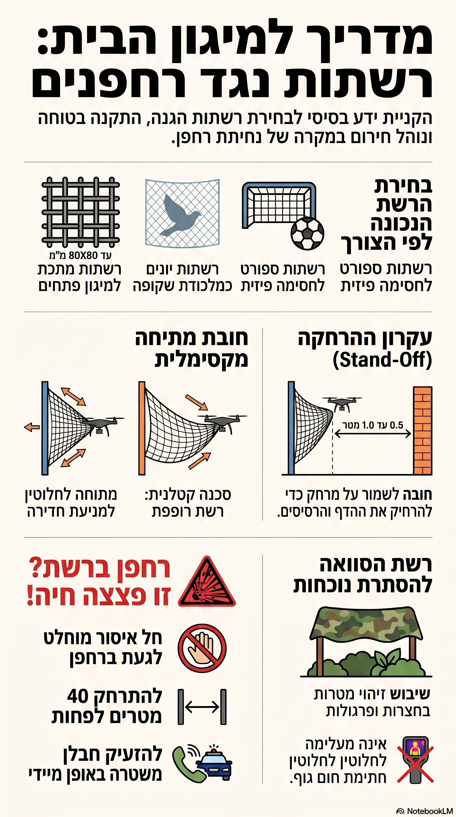 תרשים בעברית: מדריך למיגון ביתי ברשתות נגד רחפנים, כולל בחירת רשת, עיקרון ההרחקה, חובת מתיחה, הסוואה וטיפול ברחפן שנתפס ברשת