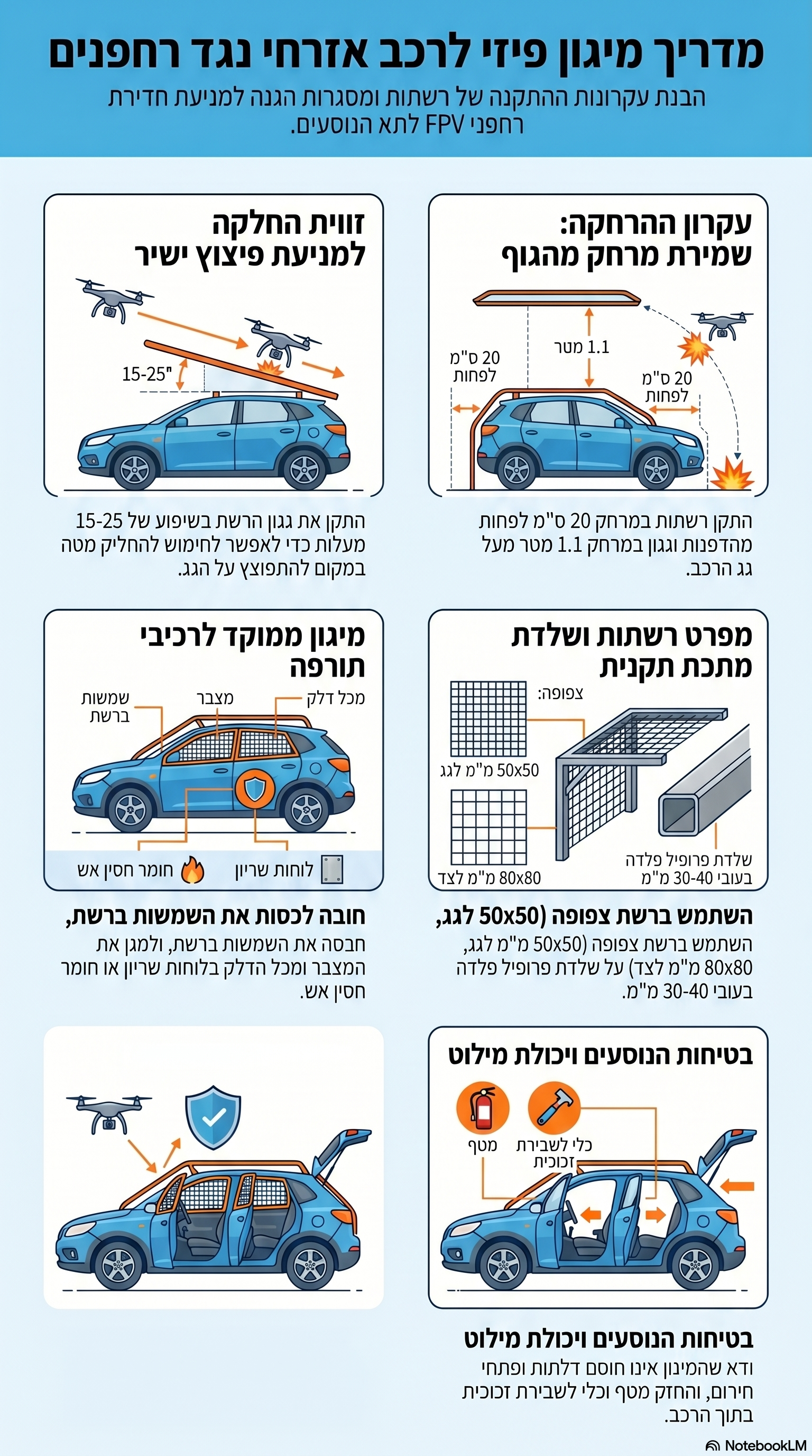 תרשים בעברית: מדריך מיגון פיזי לרכב אזרחי נגד רחפנים, כולל עיקרון ההרחקה, זווית החלקה, מפרט רשתות, מיגון רכיבי תורפה ובטיחות נוסעים