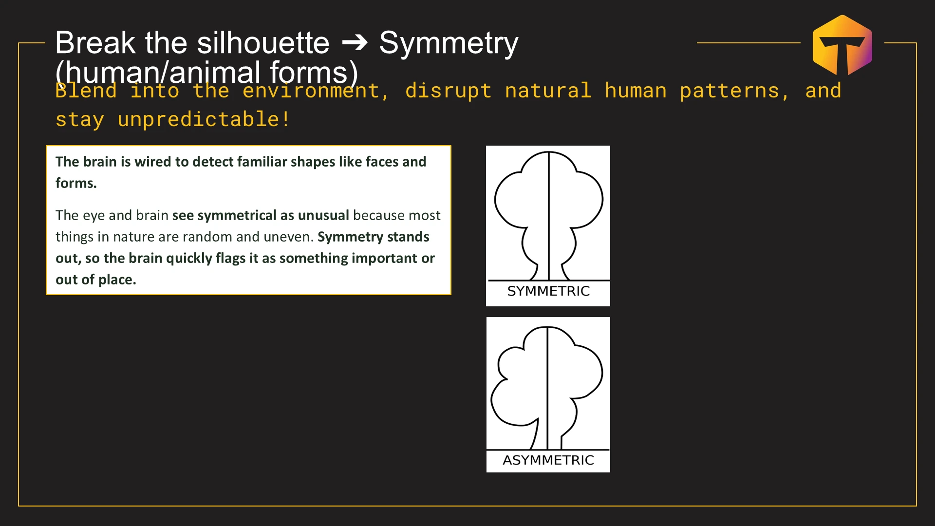 Break the silhouette ➔ Symmetry (human/animal forms) Blend into the environment, disrupt n מתוך המצגת דרכים לגילוי רחפנים