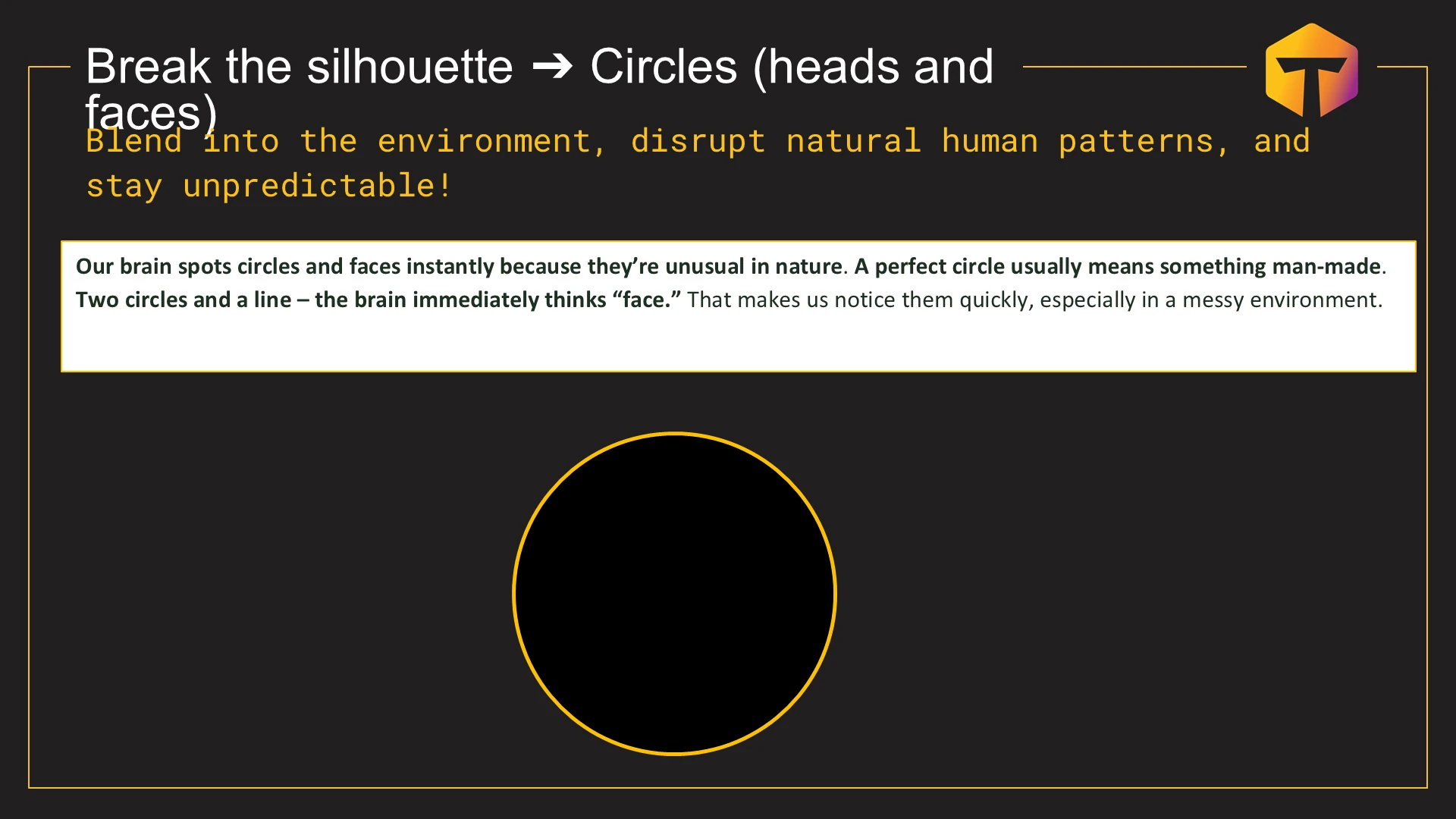Break the silhouette ➔ Circles (heads and faces) Blend into the environment, disrupt natur מתוך המצגת דרכים לגילוי רחפנים