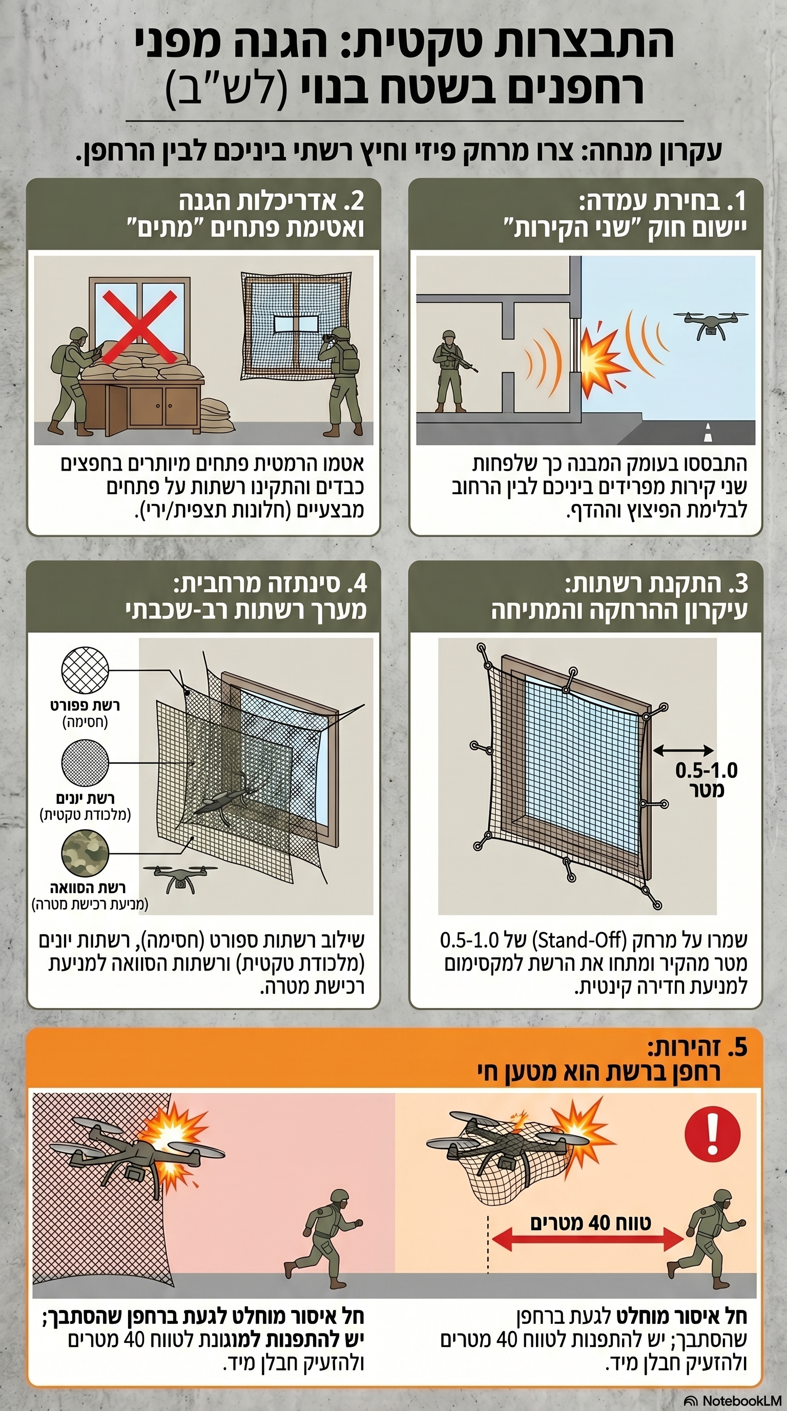 אינפוגרפיקה בעברית: התבצרות טקטית והגנה מפני רחפנים בשטח בנוי, כולל חוק שני הקירות, מיגון פתחים, התקנת רשתות, מערך רב שכבתי וזהירות מנפלים