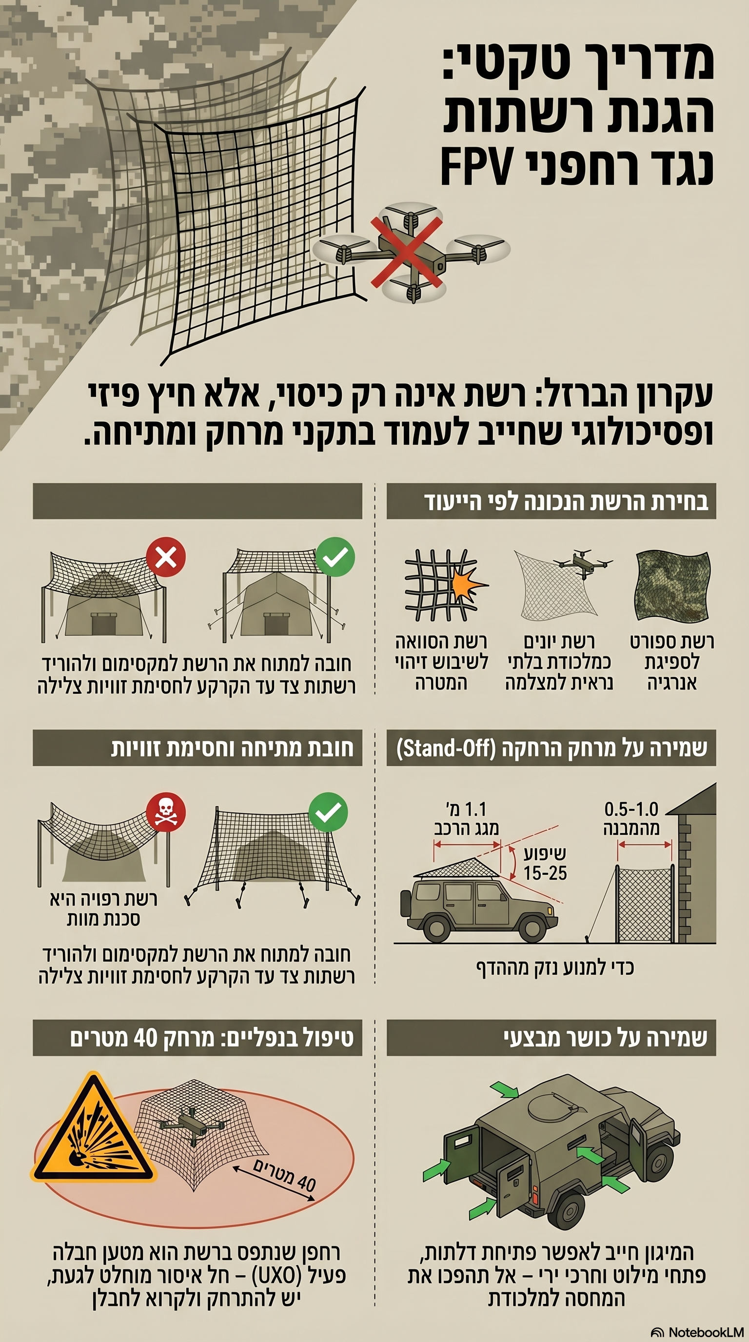 תרשים בעברית: מדריך טקטי להגנת רשתות נגד רחפני FPV, כולל בחירת רשת, עיקרון ההרחקה, מתיחה, חסימת זוויות, טיפול בנפלים ושמירה על כושר מבצעי