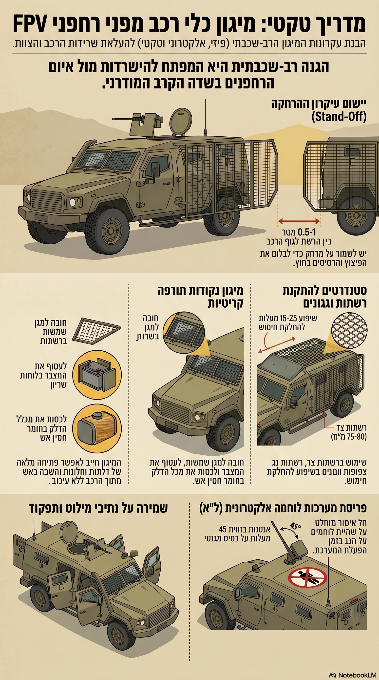 אינפוגרפיקה בעברית: מיגון כלי רכב מפני רחפני FPV, כולל עיקרון ההרחקה, רשתות, נקודות תורפה, מילוט ופריסת לוחמה אלקטרונית