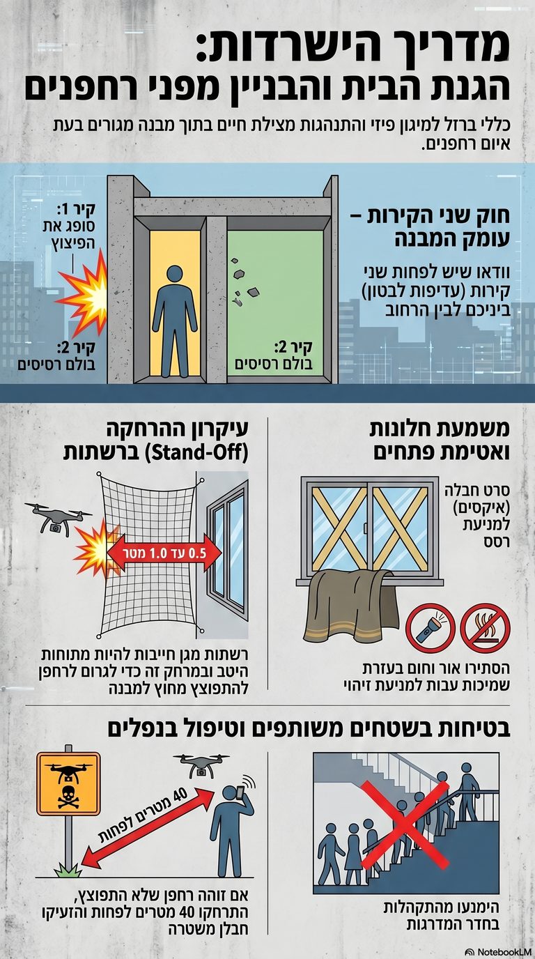 מדריך חזותי בעברית: הגנת הבית והבניין מפני רחפנים, כולל כלל שני הקירות, מיגון חלונות, רשתות מגן, פיזור התקהלות וטיפול בנפלים