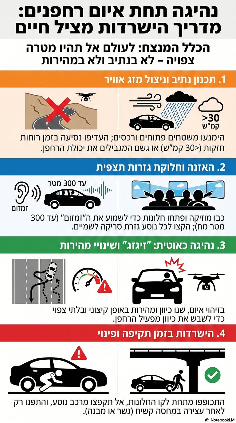 מדריך חזותי בעברית: נהיגה תחת איום רחפנים, כולל תכנון נתיב, האזנה ותצפית, שינויי מהירות ופינוי תחת מחסה