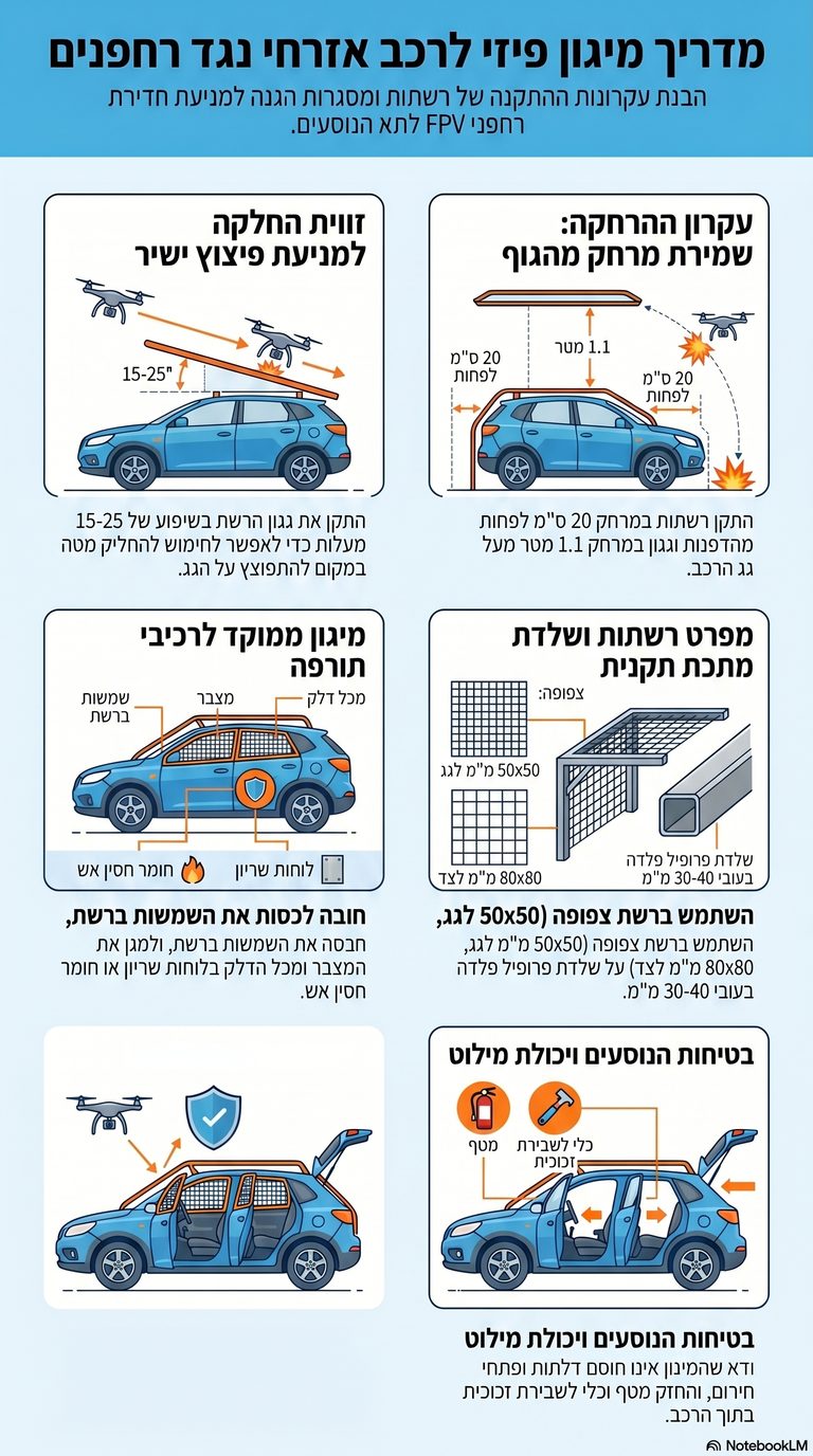 תרשים בעברית: מדריך מיגון פיזי לרכב אזרחי נגד רחפנים, כולל עיקרון ההרחקה, זווית החלקה, מפרט רשתות, מיגון רכיבי תורפה ובטיחות נוסעים
