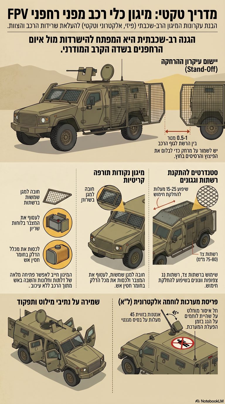 אינפוגרפיקה בעברית: מיגון כלי רכב מפני רחפני FPV, כולל עיקרון ההרחקה, רשתות, נקודות תורפה, מילוט ופריסת לוחמה אלקטרונית